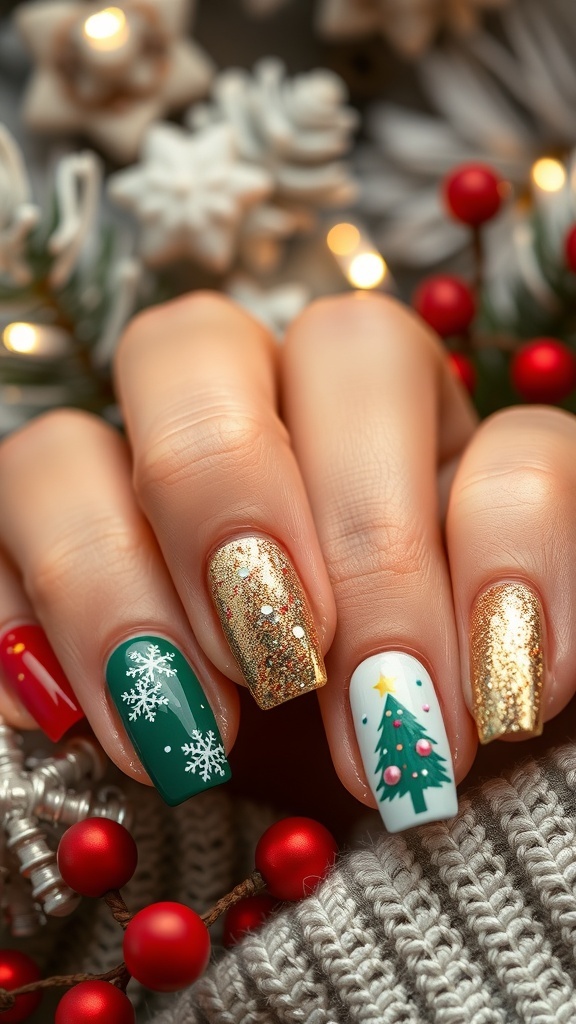 A collection of winter Christmas nail colors including red, green, gold, and glitter, with festive nail art designs.